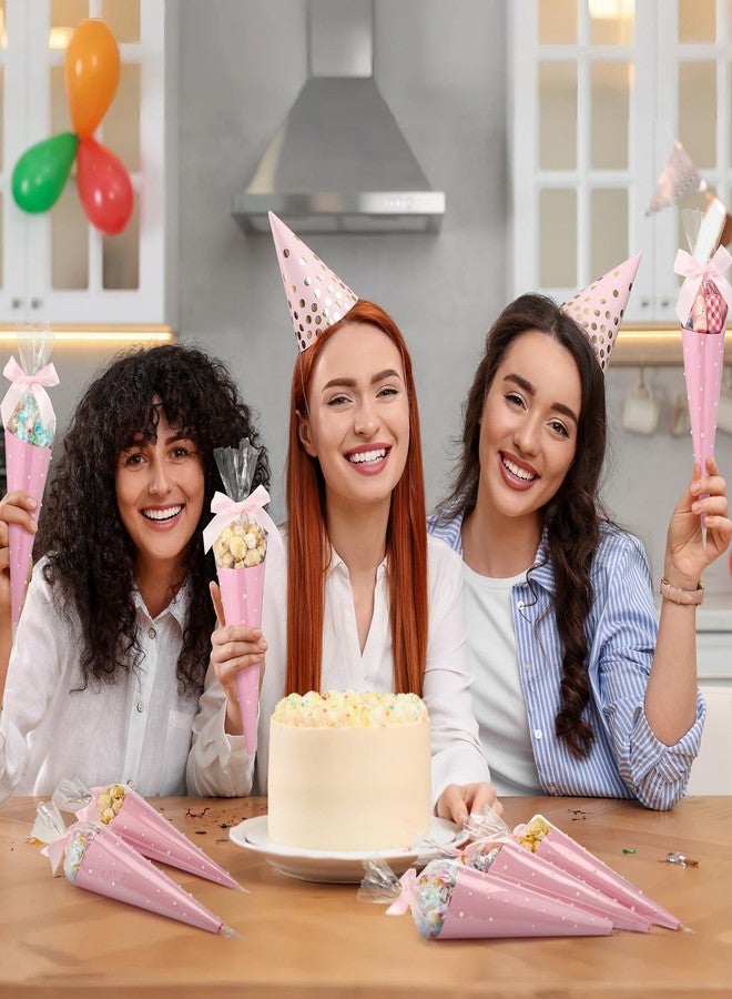 Yexiya 156 Pcs Pink Bow Cone Cellophane Bag Set DIY Sweet Cones Shaped Treat Bags Pink Card Paper, Bow and Pearl Patches for Party Favors Sweet Snack Popcorn Packing Gift - Image 5